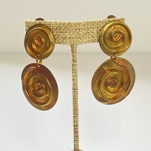 Large Artisan Articulated Dangling Round Copper Brass Disk Swirl Clip On Earring